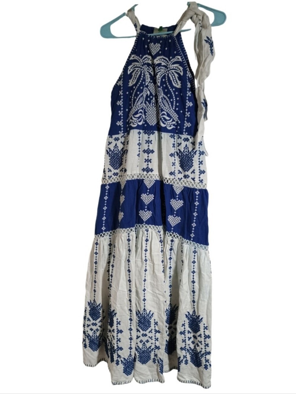 FARM Rio Shellย Garden Maxi Dressย Blue White Tieredย Boho XXS